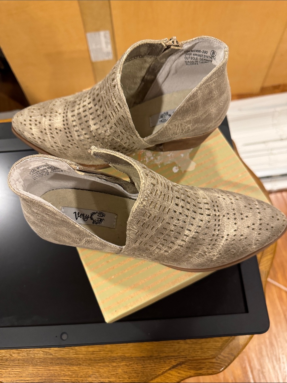 Very G Taupe Suede Perforated Pointed Toe Booties